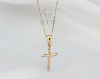 14K Gold Cross Necklace, Crucifix Pendant Chain, Jesus Christ Religious Jewelry, Christening, Dainty Cross Charm, Christian Two-Tone Pendant