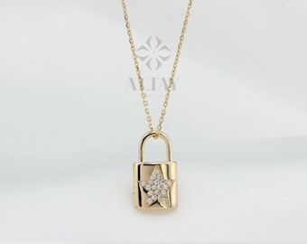 14K Gold Lock Necklace, Little Gold Lock Charm Necklace, Padlock Charm, Holiday Gift, Lock Necklace, Dainty Lovers Necklace, Gift for Her