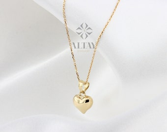 Collier coeur en or 14 carats, petit collier coeur, mini pendentif coeur 3D, breloque coeur gonflé en or véritable, collier pendentif amour, cadeau pour elle