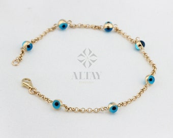 14K Gold Evil Eye Bracelet, Gold Chain Bracelet, Evil Eye Charm Bracelet, Everyday Rolo Gold Jewelry, Minimalist Jewelry, Gift for Her