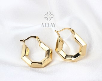 14K Gold Hoop Earring, Hexagon Gold Hoops, Geometric Gold Earrings, Dainty Hoops Huggies, Minimal Everyday Earrings, Shiny Finish Earrings