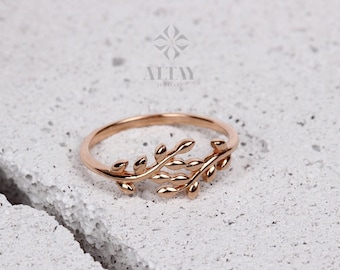 14K Gold Leaf Branch Ring, Gold Leaf Twig Ring, Rose Gold Leaf Ring, Layering Ring, Vine Ring, Laurel Ring, Nature Jewelry, Tree ring