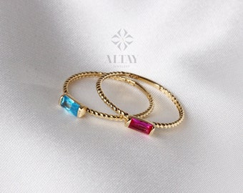 14K Gold Birthstone Baguette Ring, Custom Gemstone Ring, Personalized Solitaire Band, Dainty Ring, Stacking Ring, Gold Simple Ring Women
