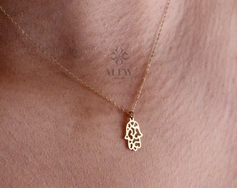 14K Gold Hamsa Necklace, Fatima Hand Pendant, Evil Eye Charm Pendant Choker, Religious Jewelry, Hand Charm, Minimalist Protection, Gift