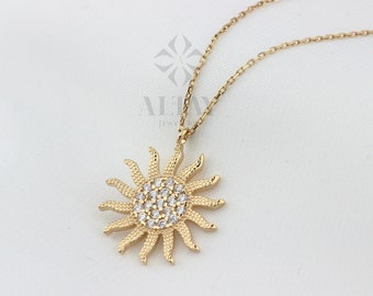 14K Gold Diamond Sun Necklace, Celestial Pendant, CZ Diamonds Choker, Minimalist Jewelry, Dainty Sun Star, Layering Chain, Gift for Her