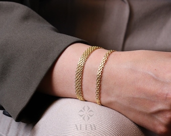 14K Gold Bismark Bracelet, 4.4 mm Curb Wrist Chain, Gold Herringbone Stack Link, Braided Bismarck Christmas Valentine's Day Gift For Her