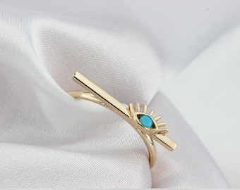 14K Gold Evil Eye Bar Ring, Stackable Dainty Ring, Turquoise Ring, Good Luck Symbol, Minimalist Jewelery, Birthday Bridesmaid Gift, Delicate