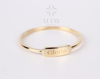 14K Gold Dainty Bar Ring, Personalized Name Ring, Custom Rectangle Ring, Roman Numeral Ring, Pet Memorial Jewelry, Skinny Letter Band