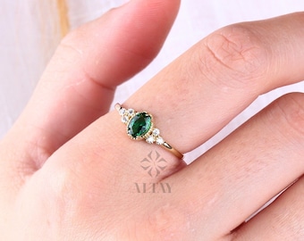 14K Gold Emerald Ring, Emerald Engagement Diamond Ring, Oval Cut Emerald Diamond Ring, Promise Ring, May Birthstone Solitaire Ring, Gift