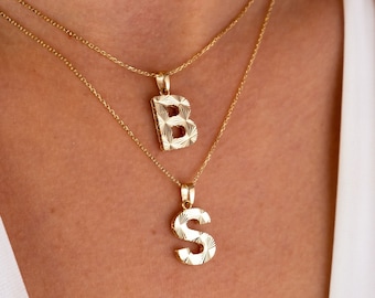14K Gold Initial Necklace, Textured Initial Pendant, Personalized Choker Necklace, Letter Necklace, Dainty Gold Necklace, Personalized Gift