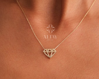 14K Gold Diamond Shape Pendant, Diamond Cutout Necklace, Diamond Pattern Choker, Gold Diamond Outline Necklace, Diamond Pattern