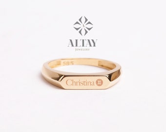 14K Gold Signet Bar Ring, Rectangle Signet Band, Chevalier Ring, Engraved Signet Ring, Custom Name Pinky Ring, Dainty Personalized Flat Ring