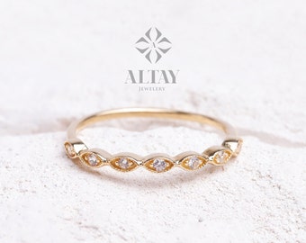 14K Gold Art Deco Wedding Band Ring, Half Eternity Cz Diamond Wedding Ring, Marquise Wedding Band, Stacking Ring, Dainty Stacking Ring