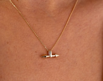 14K Gold Double Horn Necklace, Two Side Arrow Pendant Necklace, Horn Pendant Choker, Dainty Charm Necklace, Long Pendant Necklace