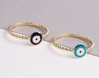 14K Gold Evil Eye Ring, Mini Evil Eye Stackable Ring, Good Luck Ring, Dainty Ring, Gift For Her, Minimal Ring, Protection Sign