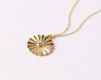 14K Gold Sunbeam Necklace, Medallion Necklace, Gold Sun Necklace, Coin Necklace, Sunburst Necklace, Layering Necklace, Gift For Her