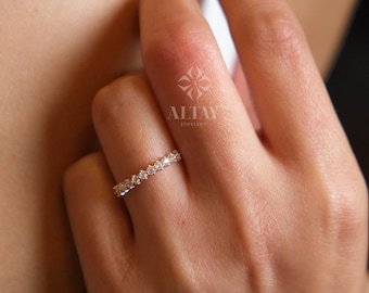 14K Gold Half Eternity Ring, 2mm CZ Diamond Wedding Ring, Round Wedding Ring, Delicate Engagement Band, Stacking Promise Ring