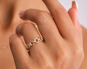 14K Gold Chain Ring, Chain Round Link Ring, Belt Chain Rolo Ring, Bold Chain Ring, Solid Gold Stacking Ring, Layering Minimalist Chain Link