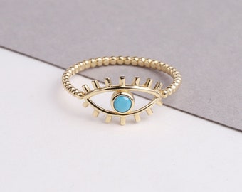 14K Solid Gold Evil Eye Ring, Turquoise Stone, Good Luck Ring,Dainty Ring, Stackable Ring, Gift For Her, Minimal Ring, Delicate Fashion Ring