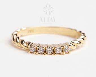 14K Gold 5 Stone CZ Diamond Wedding Ring, Braided Band, Promise Anniversary Ring, Bridal Ring, Five Stone Stacking Ring, Dainty Wedding Ring