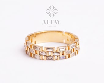 14K Gold Chain Ring, Baguette Cz Diamond Band Ring, President Band Style Unique Chain Ring, Dainty Stacking Ring, Statement Ring