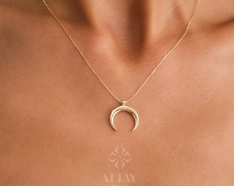 14K Gold Moon Necklace, Crescent Moon Necklace, Horn Pendant Choker, Celestial Necklace, Moon Phases Pendant Necklace, Christmas Gift