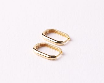 14K Gold Oblong Rectangle Earrings, Rectangle and Oval Shape Earrings, Minimalist Hoop Earrings, Dainty Gold Earrings, Minimalist Huggie