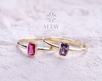 14K Gold Birthstone Ring, Baguette Gemstone,  Vintage Gold Stackable Ring, Dainty Gold Elegant Ring, Art Deco Wedding Band, Gift For Her