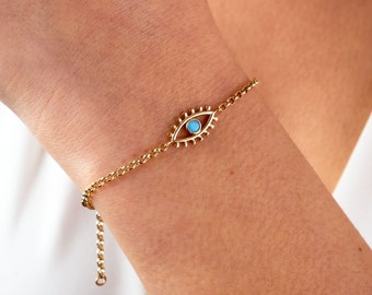 14K Gold Evil Eye Bracelet, Rolo Chain Link Evil Eye Bracelet, Dainty Bracelet, Evil Eye Lashes Jewelry, Maid of Honor Gift, Gift for Her