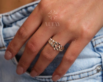 14K Gold Chain Ring, Cuban Link Ring, Thick Chain Curb Ring, Bold Chain Ring, Solid Gold Stacking Ring, Layering Minimalist Chain Link