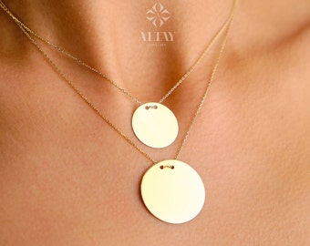 14K Solid Gold Personalized Disk Necklace, Custom Name Coin Necklace, Engraved Date Coin, Initial Disk Minimal Charm, Gift For Her