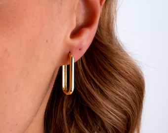 14K Gold Oblong Rectangle Earrings, Rectangle and Oval Shape Earrings, Minimalist Hoop Earrings, Dainty Gold Earrings, Minimalist Huggie
