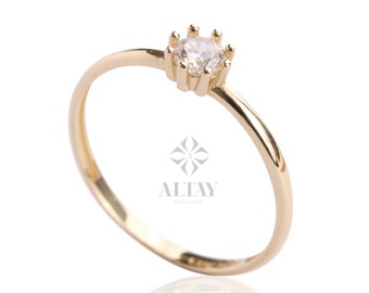14K Gold Solitaire Ring, Promise Ring, Wedding Ring, Dainty Solitaire CZ Diamond Round Ring, Gold Thin Engagement Band Ring, Minimal Ring