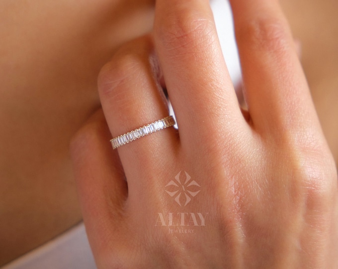 Featured listing image: 14K Gold Baguette Half Eternity Ring, CZ Diamond Wedding Ring, Baguette Wedding Ring, Delicate Engagement Band, Stacking Promise Ring