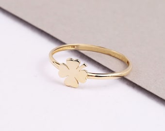 14K Gold Four Leaf Clover Ring, Dainty Good Luck Ring, Clover Lucky Charm Ring, Gold Leaf, St. Patrick's Day Accessory Band, Gift for Her