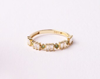 14K Gold Baguette Cz Diamond Ring, Emerald Eternity Ring, Cz Diamond Eternity Band, Wedding Ring, Stackable Baguette Green Gemstone Ring
