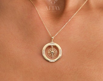 14K Gold Compass Necklace, Polaris Necklace, Travel Necklace, Personalized Compass, Custom North Star Pendant, Celestial Charm Necklace