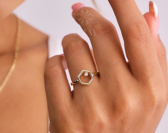 14K Gold Hexagon Ring,  Cz Diamond Ring, Geometric Knuckle Ring, Hexagon Stacking Band Ring, Dainty Wedding Ring, Unique Design Gold Ring