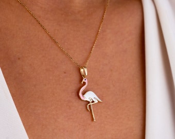 14K Gold Flamingo Necklace, Dainty Flamingo Pendant, Bird Charm Necklace, Minimalist Animal Charm Necklace, Dainty Necklace, Gift For Her
