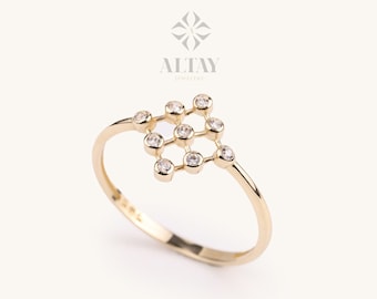 14K Gold Bezel Ring, 9 Set Cluster CZ Diamond Ring, Engagement Ring, Stacking Ring, Dainty Twist Ring, Gold Ring, Anniversary Gift For Her