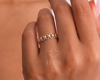 14K Gold Chain Ring, Chain Link Curb Ring, Belt Chain Curb Ring, Bold Chain Ring, Solid Gold Stacking Ring, Layering Minimalist Chain Link