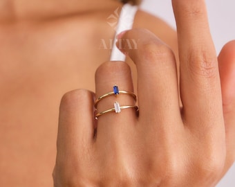 14K Gold Birthstone Baguette Ring, Custom Gemstone Ring, Personalized Solitaire Band, Dainty Ring, Stacking Ring, Gold Simple Ring Women