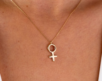 14K Gold Feminist Necklace, Female Symbol Necklace, Venus Necklace, Empowerment Jewelry, Girl Power Pendant, Gender Equality Jewelry