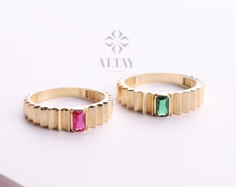 14K Gold Birthstone Ring, Emerald Gemstone Vintage Gold Stackable Ring, Dainty Gold Elegant Ring, Art Deco Wedding Band, Half Eternity