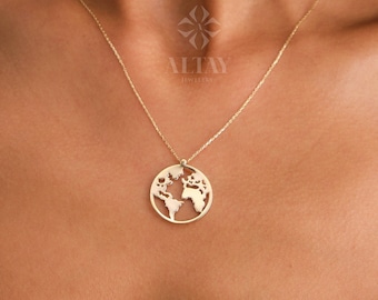 14K Gold World Map Necklace, Globe Pendant Necklace, Minimal Real Gold Travel Jewelry, Earth Disc Necklace, Meaningful Gift for Her