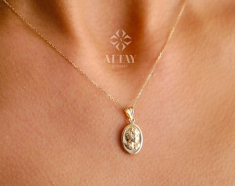 14K Gold Roman Coin Necklace, Old Coin Pendant, Ancient Greek Medallion, Gold Medallion Choker, Queen Coin Charm, Gold Knight Pendant
