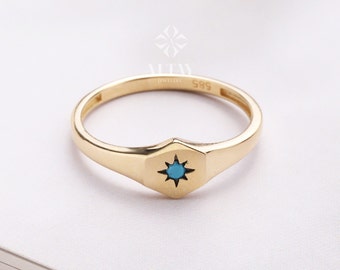 14K Gold North Star Ring, Turquoise Polar Star Band, Gold Turquoise Star Ring, Astrology Starburst Ring, Luck Star, Celestial Pinky Ring