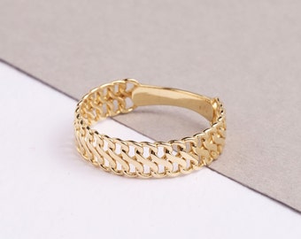 14K Gold Vienna Chain Ring, 5mm Double Curb Chain Ring, Armoured Chain Ring, Minimal Fine Jewelry, Dainty Gold Stacking Ring, Gift For Her