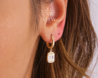 14K Gold Baguette Hoop Dangle Earrings, CZ Diamond Huggie Earrings, Gold Hoop Earrings, Small Hoops, Huggies, Tiny Hoop Earrings, Tiny Hoops