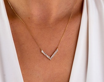 14K Gold V Shaped Necklace, CZ Baguette Diamond Chevron Pendant Necklace, Minimalist Geometric Chevron V Charm, Wedding Gift For Her